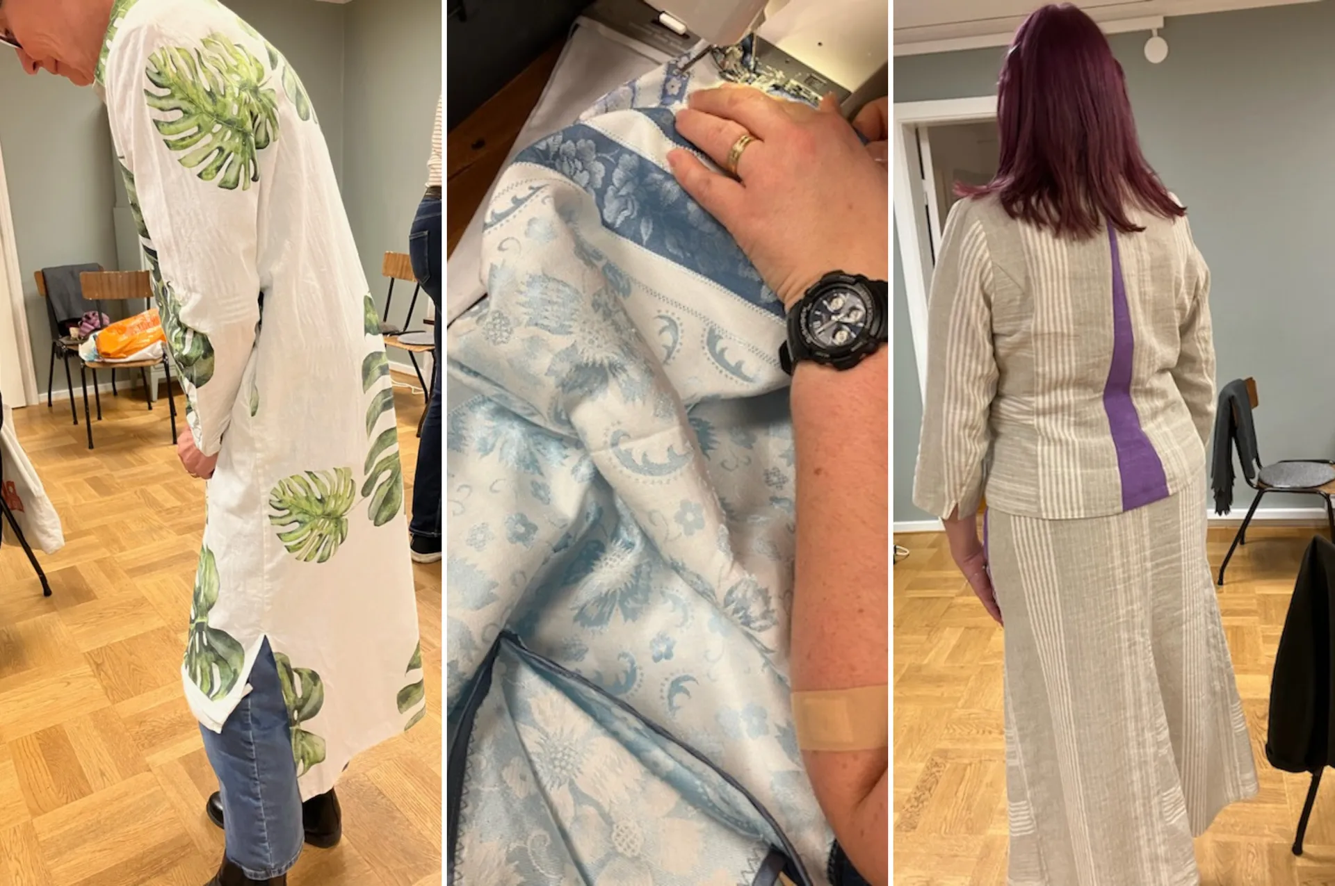 Tre bilder som visar olika klädesplagg: en vit klänning med gröna monstera-blad, ett ljusblått tyg med blommönster, och en beige klänning med lila rand på ryggen