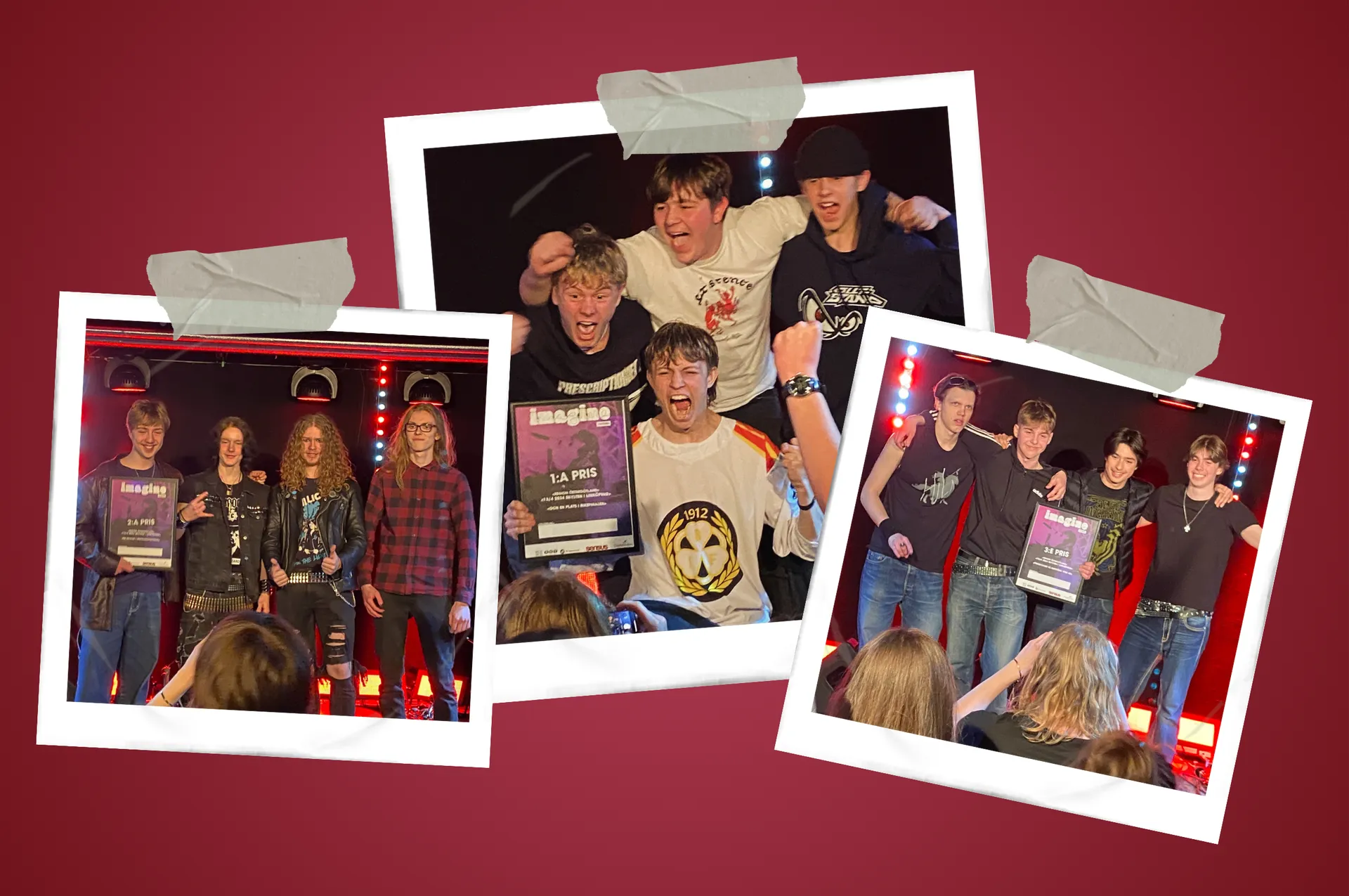 Tre polaroidbilder som visar ett band som vunnit ett pris på en scen. Bilderna visar olika vinklar av bandmedlemmarna som poserar med ett 'Imagine'-pris, med röd scenbelysning i bakgrunden.